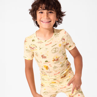 Bamboo Short Sleeve Pajama Set with Shorts - Jurassic Park Beige Bellabu Bear Size: 4T