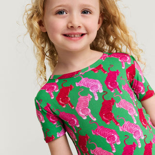 Bamboo Short Sleeve Pajama Set with Shorts - Le Tigre Green (Tiger) Posh Peanut Size: 3T-4T