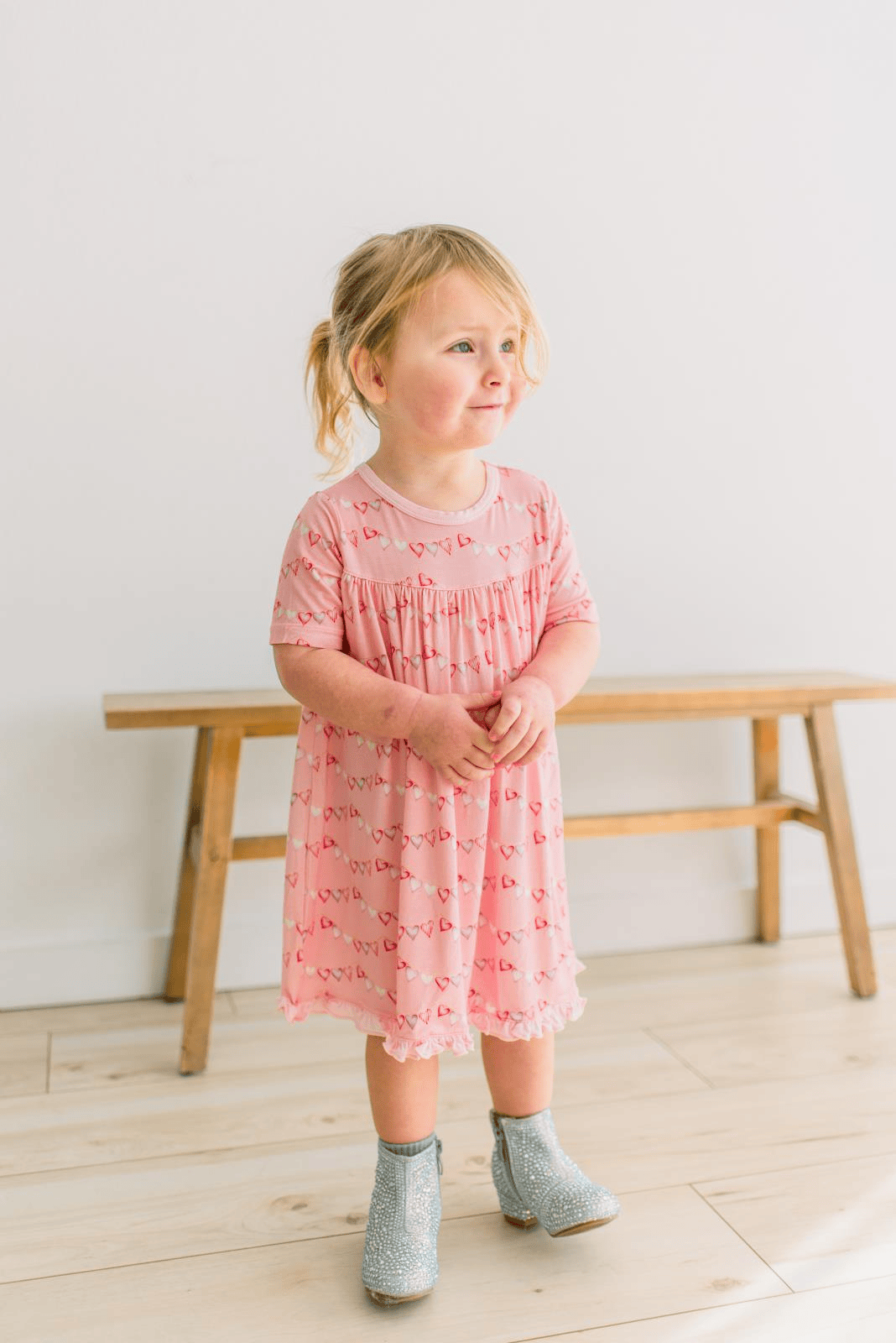Baby Swing Dress in Baby Rose Heart Bunting | Print | Bamboo