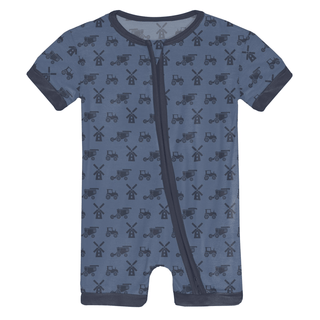 Bamboo Shorty Sleeper with Zipper - Denim Tractors & Windmills KicKee Pants Size: 0-3 Months