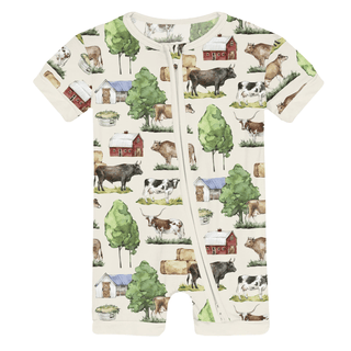 Bamboo Shorty Sleeper with Zipper - Natural Grazing Cows KicKee Pants Size: 0-3 Months