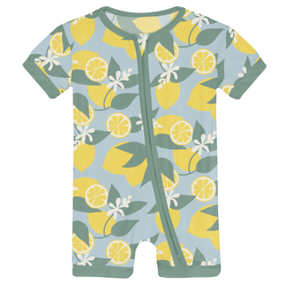 Bamboo Shorty Sleeper with Zipper - Spring Sky Lemonade KicKee Pants Size: 0-3 Months