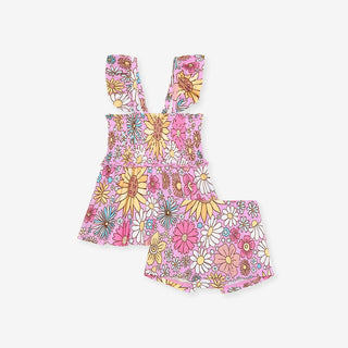 Bamboo Smocked Babydoll Top & Bummies Set - Presley Pink (Floral) Posh Peanut Size: 3-6 Months