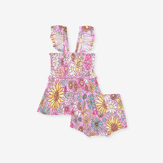 Bamboo Smocked Babydoll Top & Bummies Set - Presley Pink (Floral) Posh Peanut Size: 3-6 Months
