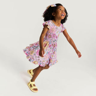 Bamboo Tie Back Ruffled Twirl Dress - Presley Pink (Floral) Posh Peanut Size: 2T