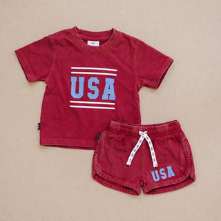 USA Short Sleeve Top and Shorts Set Olive + Scout Color: Red Size: 3-6M