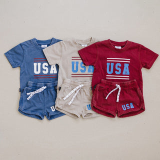 USA Short Sleeve Top and Shorts Set Olive + Scout Color: Brown Size: 3-6M