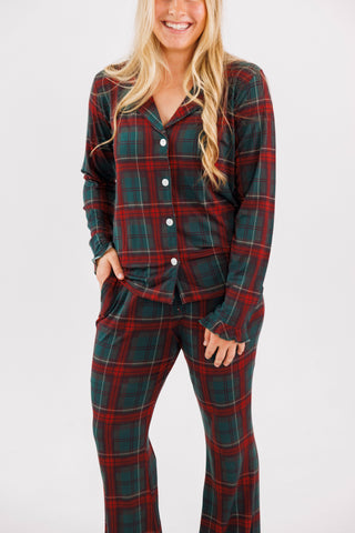 Women's Bamboo Long Sleeve Ruffle Flare Set - Holiday Heritage Plaid