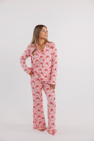 Women's Bamboo Long Sleeve Ruffle Flare Set - Pink Santa Claus Lane