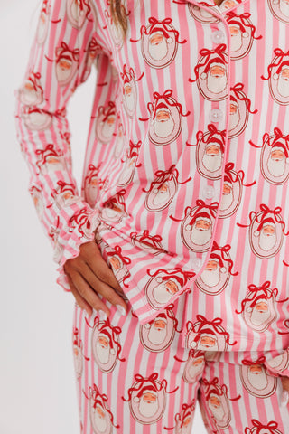 Women's Bamboo Long Sleeve Ruffle Flare Set - Pink Santa Claus Lane