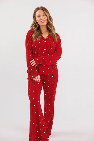 Women's Bamboo Long Sleeve Ruffle Flare Set - Ruby Polka Dot