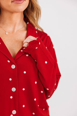 Women's Bamboo Long Sleeve Ruffle Flare Set - Ruby Polka Dot