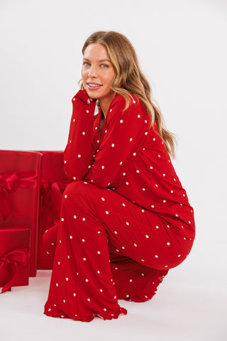 Women's Bamboo Long Sleeve Ruffle Flare Set - Ruby Polka Dot