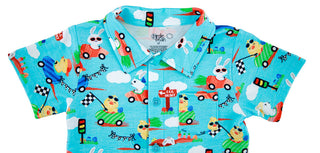 Birdie Bean Boy's Bamboo Short Sleeve Button-Up Shirt - Judah (Chick and Bunny Race Cars)
