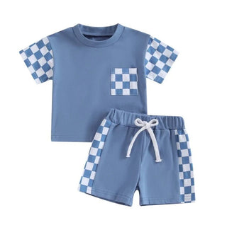 Baby Riddle Boy's Short Sleeve Crew Neck T-Shirt & Shorts Outfit Set - Blue Checkerboard