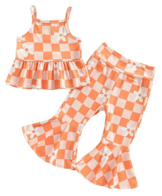 Baby Riddle Girl's Spaghetti Strap Peplum Top and Bell Bottom Pants Outfit Set - Orange Floral Checkerboard