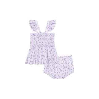 Posh Peanut Girl's Smocked Flutter Sleeve Babydoll Top & Bloomer Outfit Set - Jeanette (Floral)