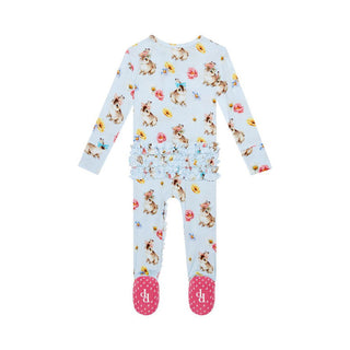 Posh Peanut Girl's Bamboo Ruffle Footie with Zipper - Tinsley Jane (Bunnies and Floral)