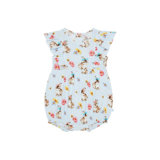 Posh Peanut Girl's Bamboo Flutter Sleeve Bubble Romper - Tinsley Jane (Bunnies and Floral)