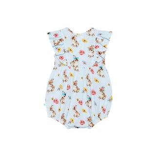 Posh Peanut Girl's Bamboo Flutter Sleeve Bubble Romper - Tinsley Jane (Bunnies and Floral)