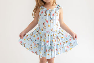 Posh Peanut Girl's Bamboo Tiered Flutter Sleeve Dress - Tinsley Jane (Bunnies and Floral)