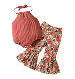 Baby Riddle Girl's Rust Halter Top & Ruffle Pant Outfit Set - Floral