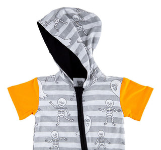 Birdie Bean Boy's Hooded Zipper Romper - Georgie (Stripes with Ghosts and Skeleton) Glow-in-the-Dark
