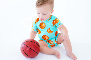 Birdie Bean Boys Pocket Shortie Romper - Jordan Teal Basketballs