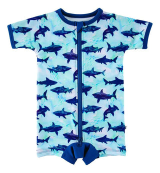 Birdie Bean Boy's Rash Guard Shortie Romper - Wade (Blue Tie Dye Ocean & Sharks)