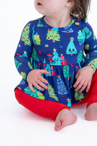Birdie Bean Girl's Bamboo Long Sleeve Peplum Top and Pants Outfit Set - Kevin (Christmas Trees)