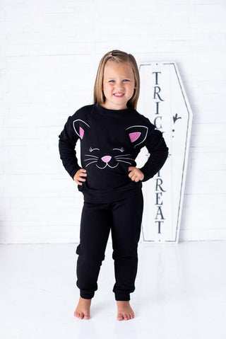 Birdie Bean Girl's Long Sleeve Crewneck Sweatshirt and Pants Outfit Set - Black Cat