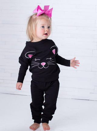 Birdie Bean Girl's Long Sleeve Crewneck Sweatshirt and Pants Outfit Set - Black Cat