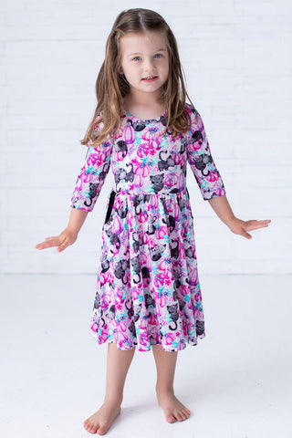 Birdie Bean Girl's Long Sleeve Dress - Buffy (Pumpkins with Cats and Spiders)
