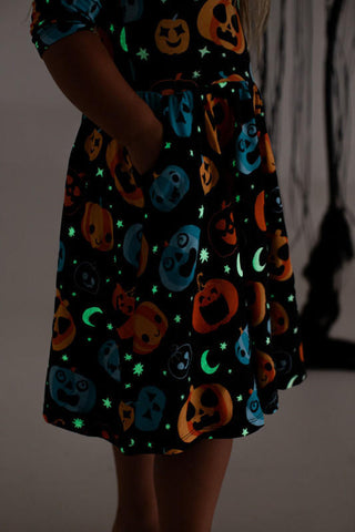 Birdie Bean Girl's Long Sleeve Dress - Dex (Jack O'Lanterns) Glow-in-the-Dark