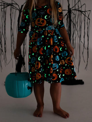 Birdie Bean Girl's Long Sleeve Dress - Dex (Jack O'Lanterns) Glow-in-the-Dark