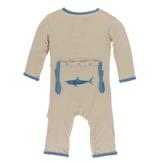 KicKee Pants Applique Coverall with Zipper - Burlap Sharks