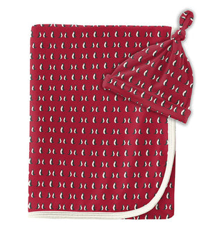 KicKee Pants Baby Print Swaddling Blanket and Knot Hat Set - Crimson Penguins