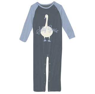 KicKee Pants Boys Long Sleeve Graphic Raglan Romper - Slate Silly Goose
