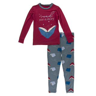 KicKee Pants Boys Long Sleeve Graphic Tee Pajama Set - Slate Flying Books