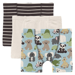 KicKee Pants Boy's Print Bamboo Boxer Briefs (Set of 3) - 90's Stripe, Natural & Spring Sky Too Many Stuffies
