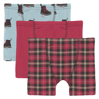 KicKee Pants Boy's Print Bamboo Boxer Briefs (Set of 3) - Spring Sky Boots, Cherry Pie & 90's Plaid