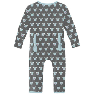 KicKee Pants Boy's Print Bamboo Coverall with 2-Way Zipper - Pewter Furry Friends