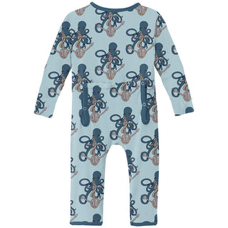 KicKee Pants Boy's Print Bamboo Coverall with 2-Way Zipper - Spring Sky Octopus Anchor