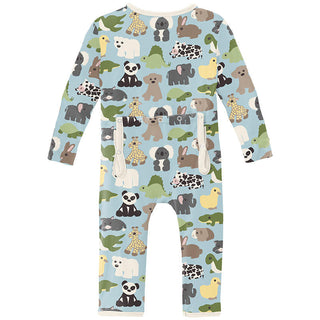 KicKee Pants Boy's Print Bamboo Coverall with 2-Way Zipper - Spring Sky Too Many Stuffies