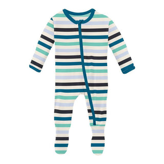 KicKee Pants Boy's Print Bamboo Footie with 2-Way Zipper - Little Boy Blue Stripe 