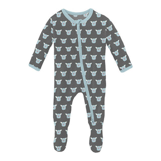 KicKee Pants Boy's Print Bamboo Footie with 2-Way Zipper - Pewter Furry Friends