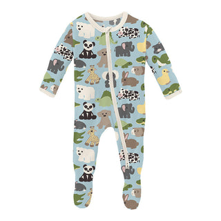 KicKee Pants Boy's Print Bamboo Footie with 2-Way Zipper - Spring Sky Too Many Stuffies