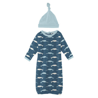 KicKee Pants Boy's Print Bamboo Layette Gown & Single Knot Hat Set - Deep Sea Narwhal