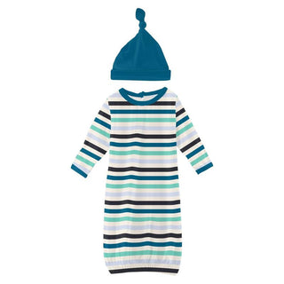 KicKee Pants Boy's Print Bamboo Layette Gown & Single Knot Hat Set - Little Boy Blue Stripe 