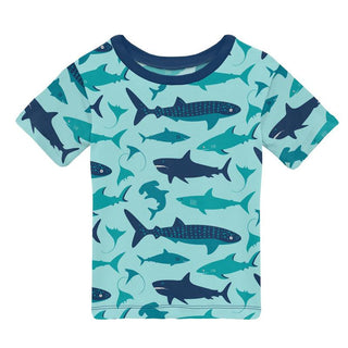 KicKee Pants Boy's Print Bamboo Short Sleeve Easy Fit Crew Neck Tee Shirt - Summer Sky Shark Week